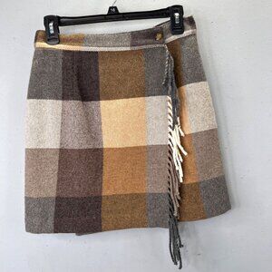 Vintage Benetton Wrap Skirt Plaid Fringe 44 M Brown Western Romance Fringe Wool